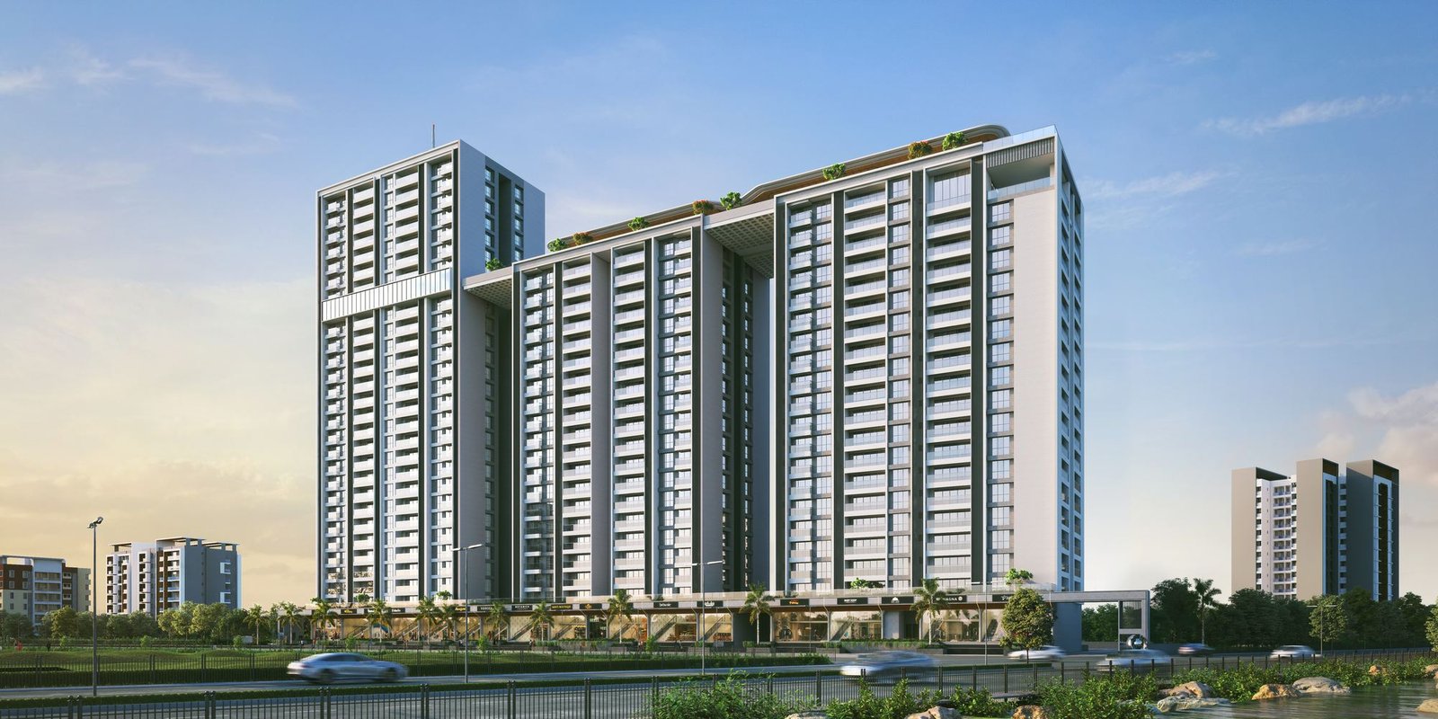 Aerial riverside view of the towers